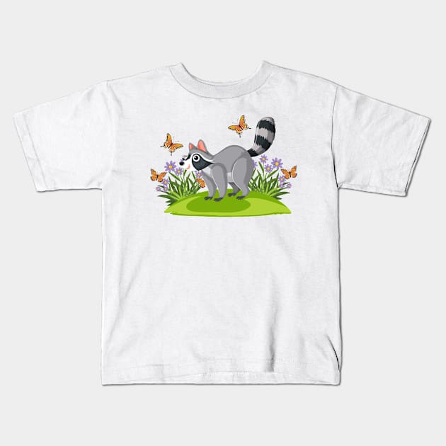 Raccon Butterflies Illustration Kids T-Shirt by Mako Design 